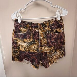 New Free People Paisley Printed Vintage High Rise Curvy Denim Jean Shorts 28/6